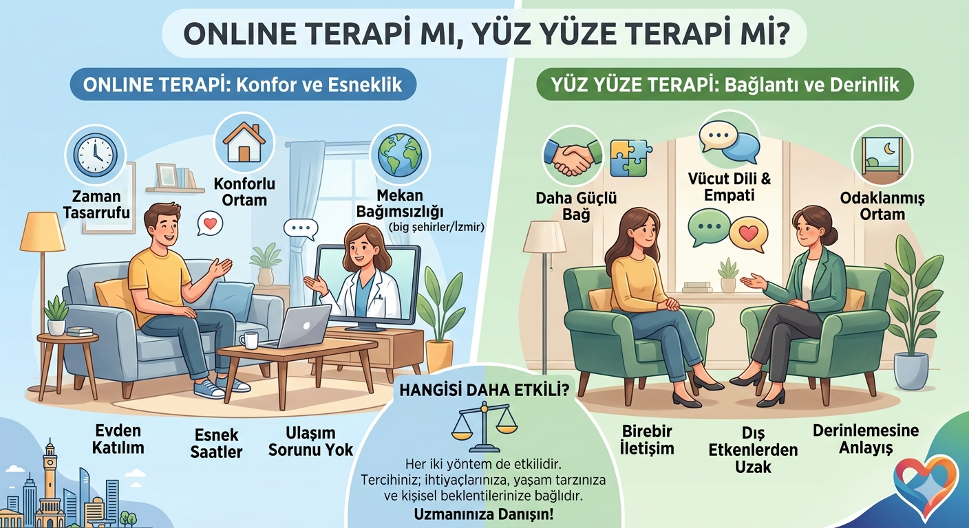 Online terapi mi yoksa yüz yüze terapi mi daha etkili? İzmir psikolog hizmetleri hakkında online ve yüz yüze terapinin avantajlarını öğrenin.