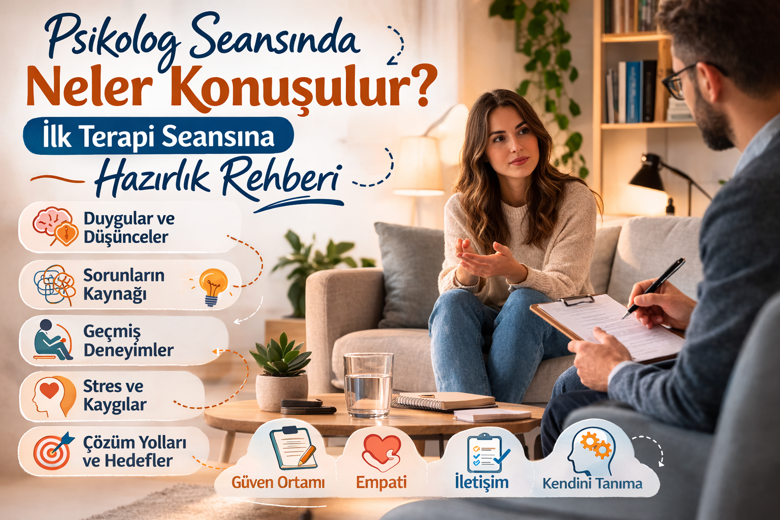 Psikolog seansında neler konuşulur? İlk terapi görüşmesinde sizi nelerin beklediğini öğrenin. İzmir psikolog arayanlar için terapi süreci hakkında detaylı rehber.